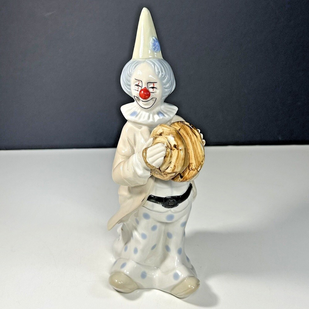 Vintage Theatrical Clown Hand Painted Figurine Statue Cymbals 3 Faces 10"
